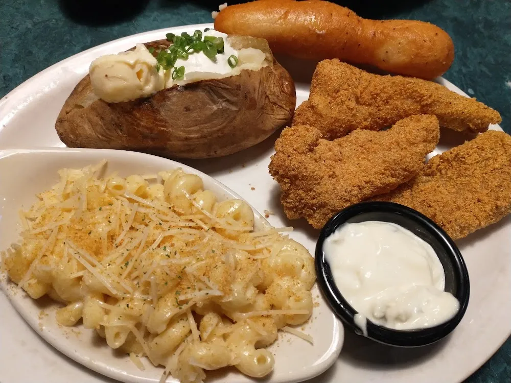 All You Can Eat Catfish with Macaroni and Cheese and a Baked Potato
